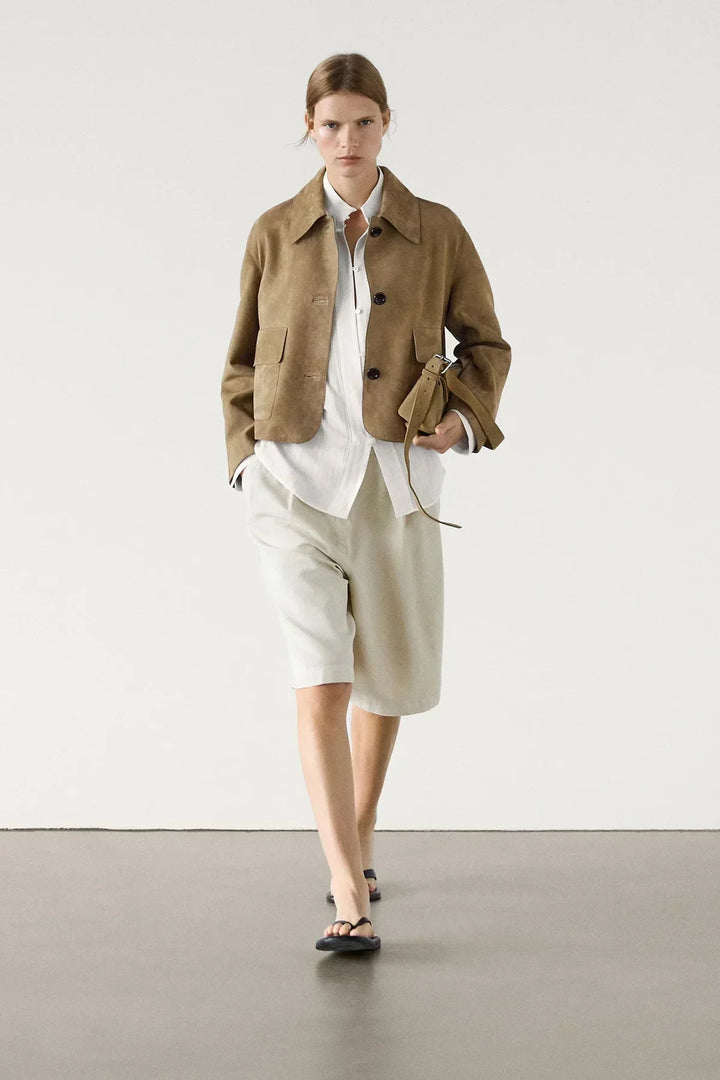Laurel Veste Femme Courte en Suédine Beige Élégant, Style Minimaliste & Urbain, vue 6