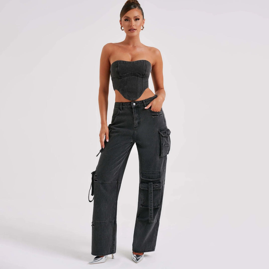 Jutta Jean Cargo Femme Pantalon Taille Haute avec Poches Utilitaires & Coupe Décontractée, vue 3