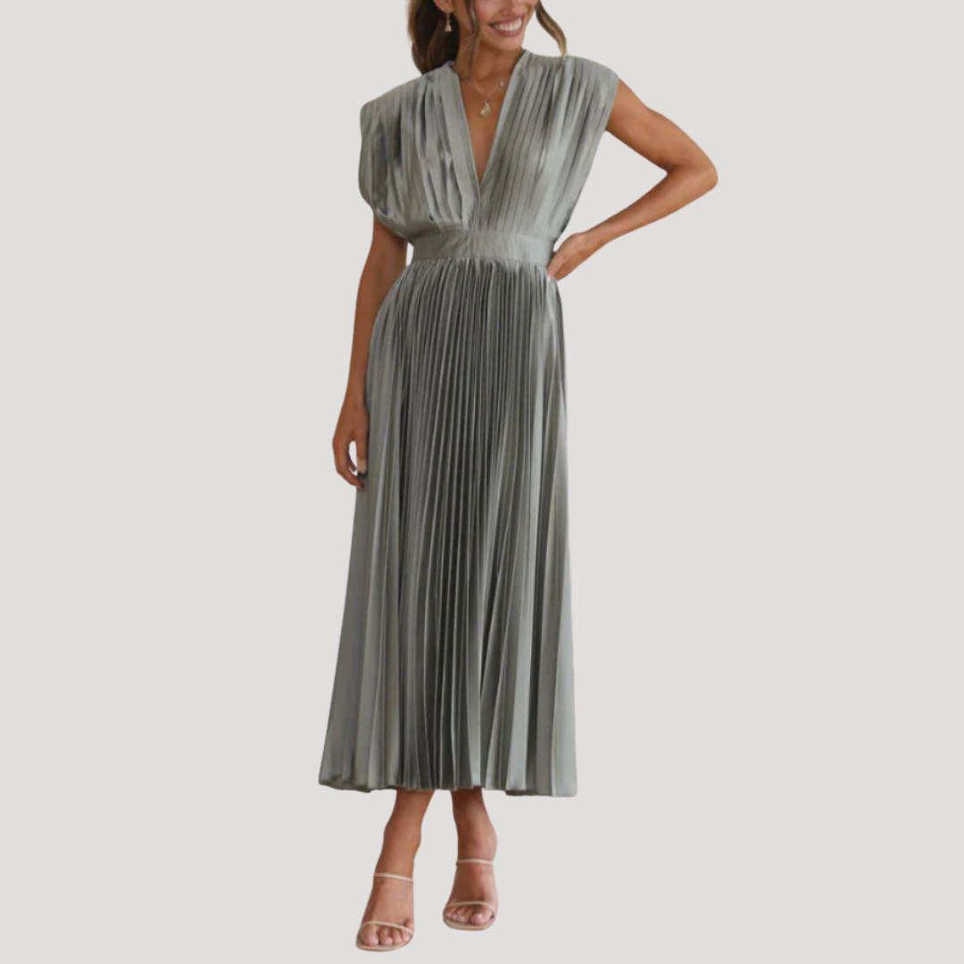 Robe Longue Femme Plissée Col V pour Mariage