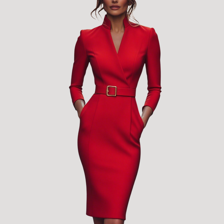 Robe Midi Femme de Bureau Col V Ajustée