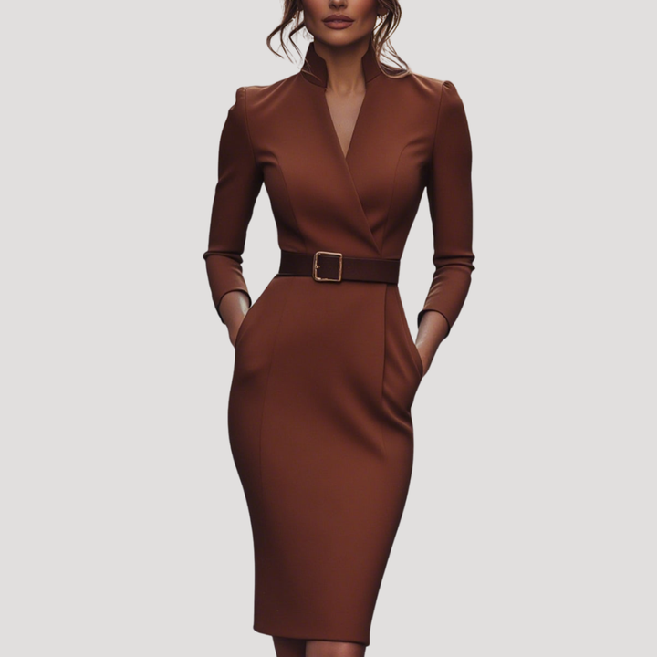 Robe Midi Femme de Bureau Col V Ajustée