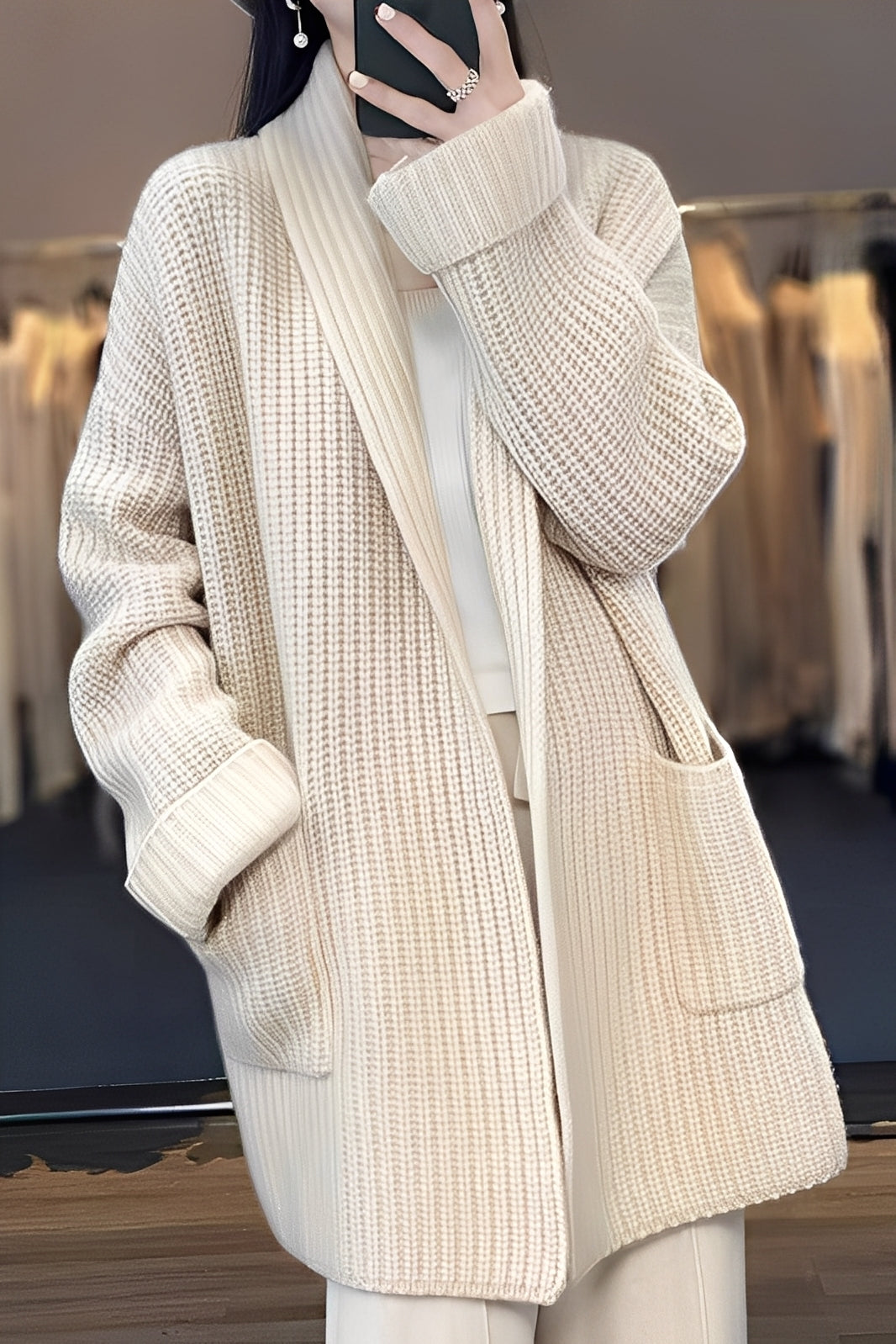 Esther Long Gilet Ouvert pour Femme Maille Douce et Élégante à Coupe Fluide pour Tenues Quotidiennes et Décontractées, vue 3