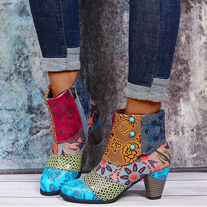 Bottes De Pluie Pour Femme Lauren - Bottes rétro imperméables avec talon haut et motif ethnique pour l'automne, vue 3