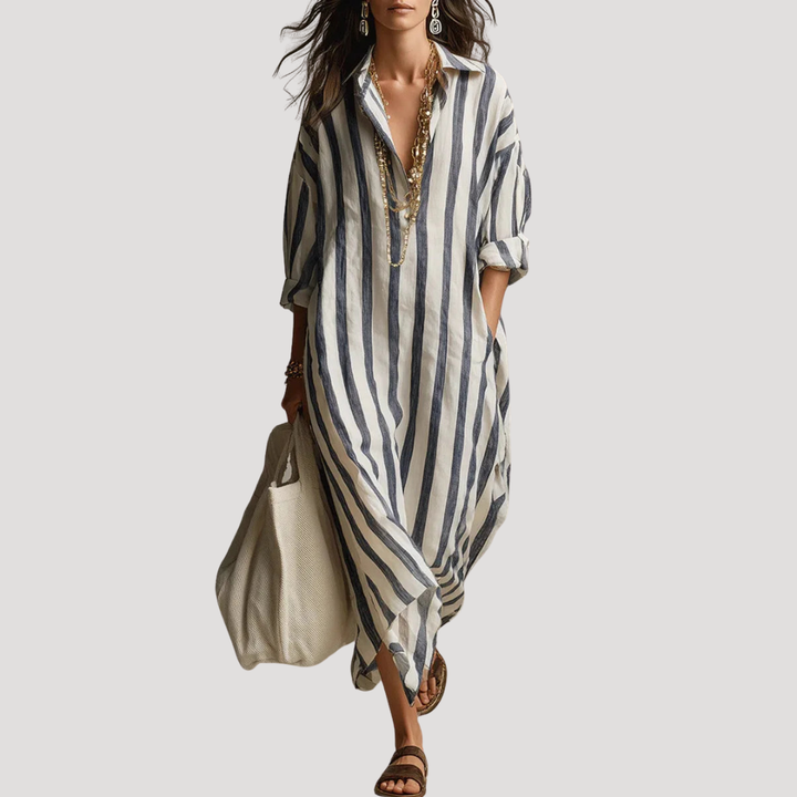 Women's Striped Long Linen Shirt Dress