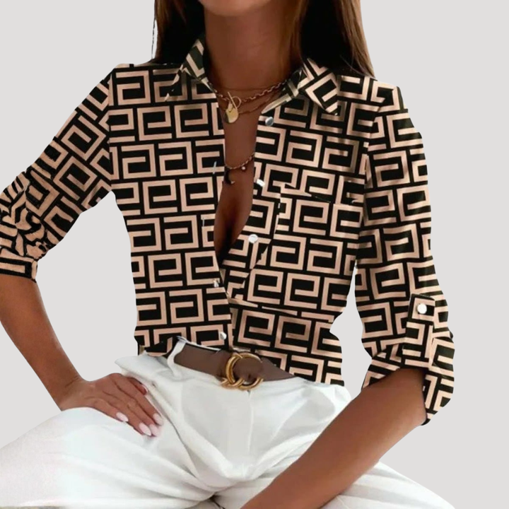 Women's Chic Geometric Print Shirt Collar Blouse