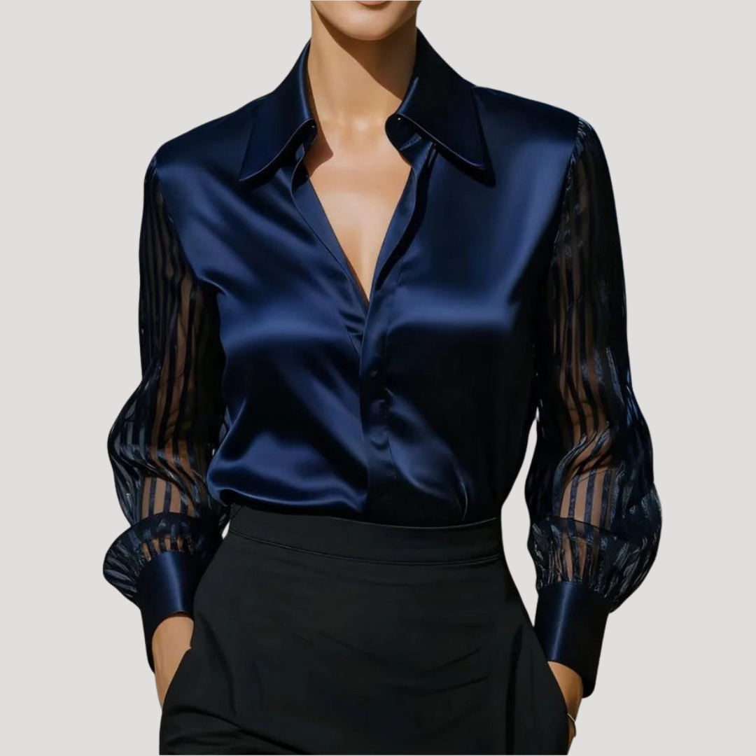 Blouse Satinée Femme à Col et Manches Longues Transparentes