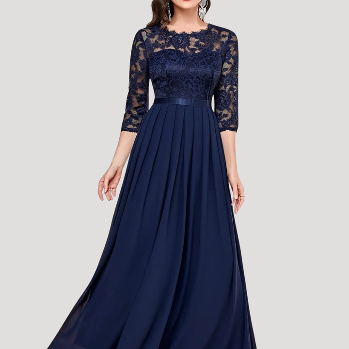 Robe Longue Femme Plissée avec Corsage en Dentelle et Manches 3/4