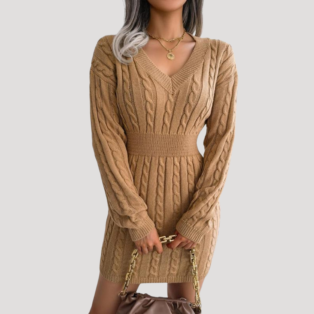 Robe Midi Femme en Maille Coupe Évasée Manches Longues