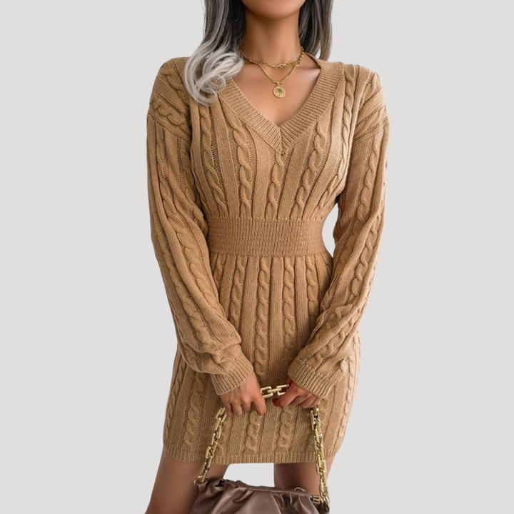 Robe Midi Femme en Maille Coupe Évasée Manches Longues