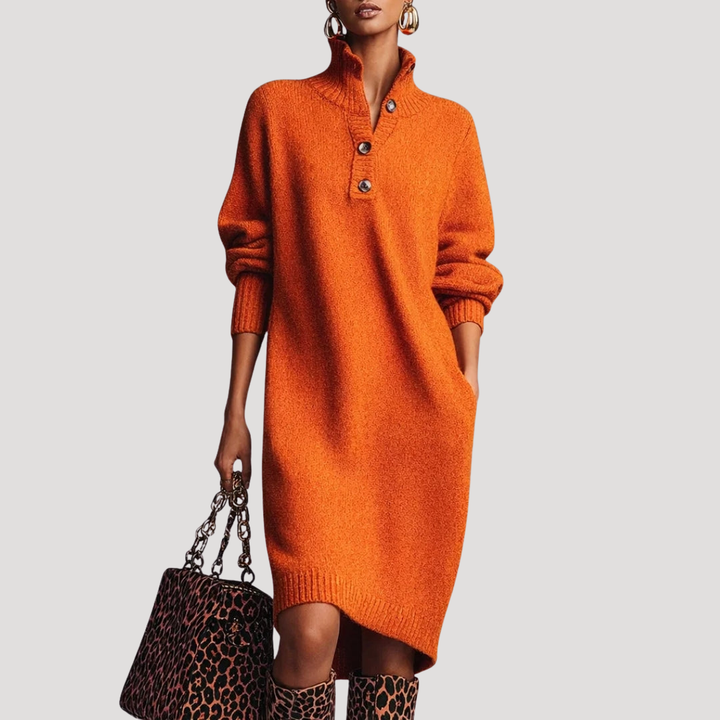 Women's Buttoned Mock Neck Knit Midi Dress
