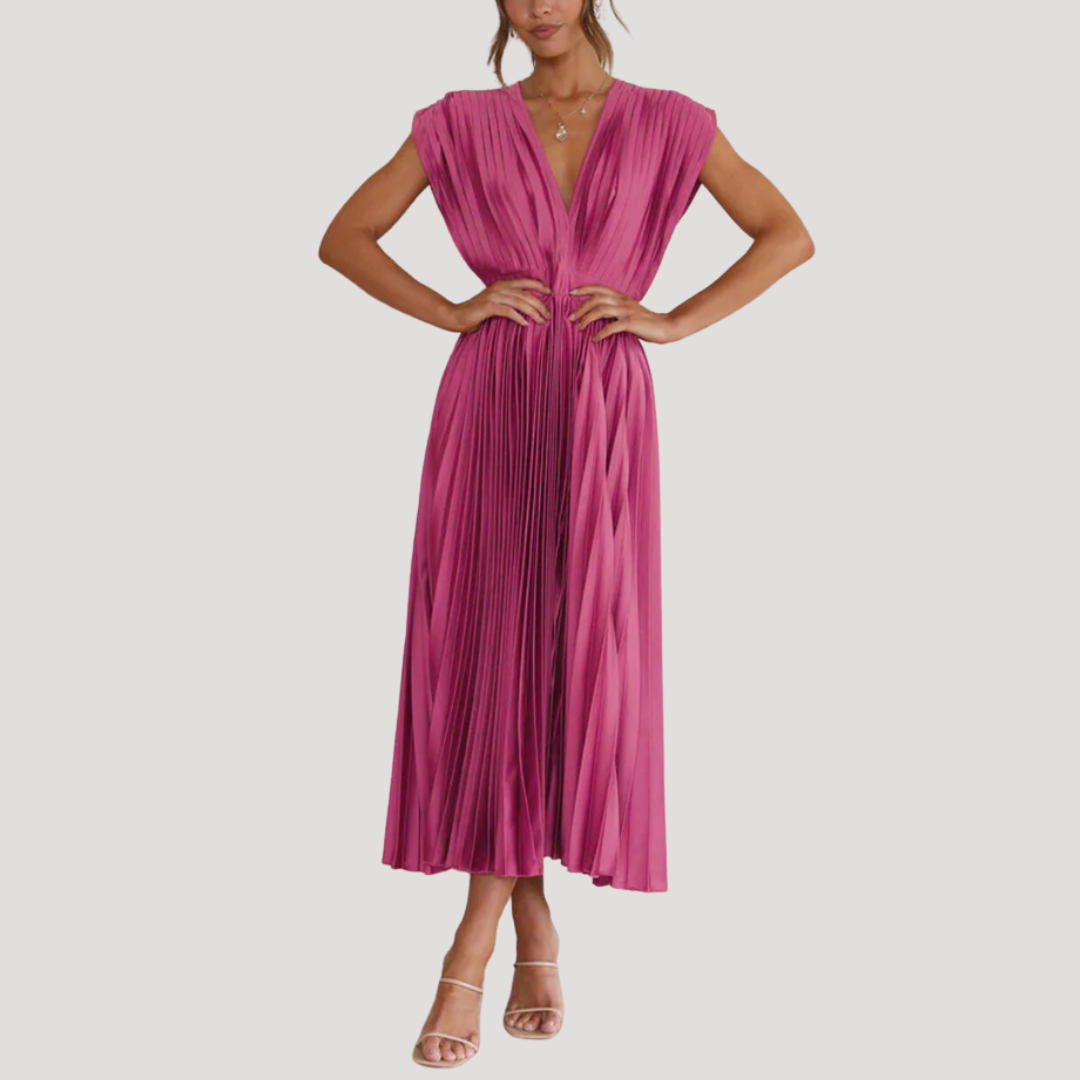 Robe Longue Femme Plissée Col V pour Mariage