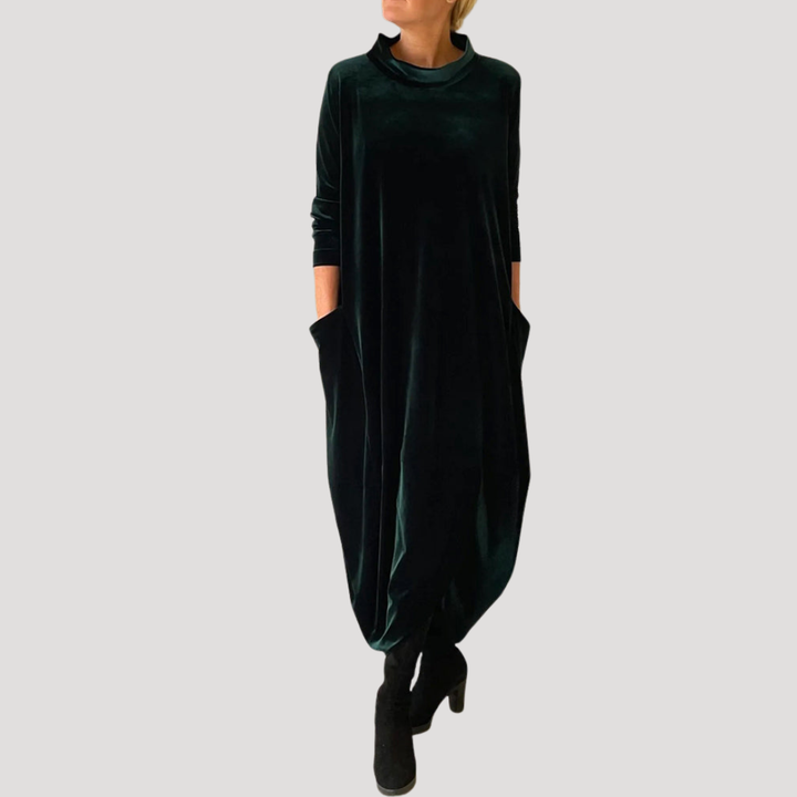 Robe Longue Femme en Velours Coupe Ample à Col Montant