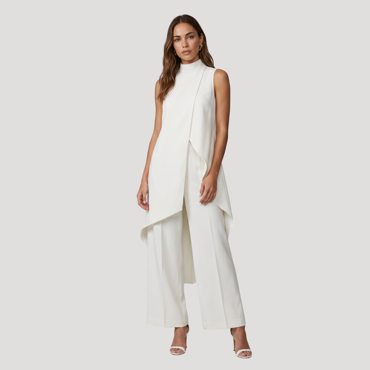 Elegant Women's Two-Piece Set with Asymmetric Long Top and Wide-Leg Trousers