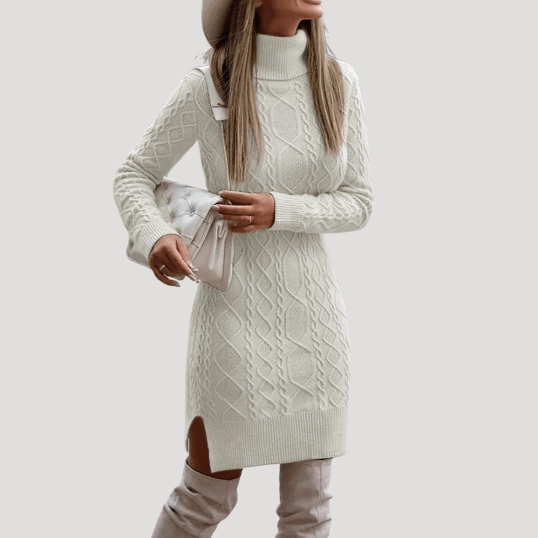 Robe Midi Femme en Maille Torsadée Col Montant