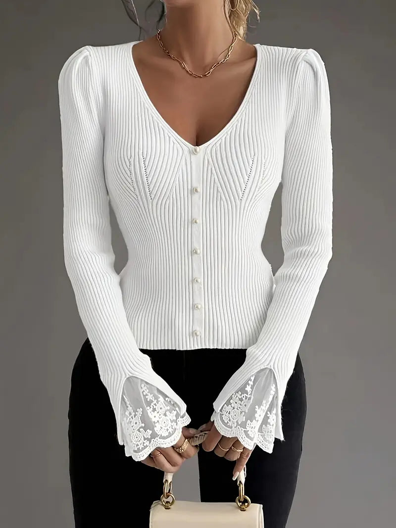 Pull à Col en V et Côtes pour femme, vue 3