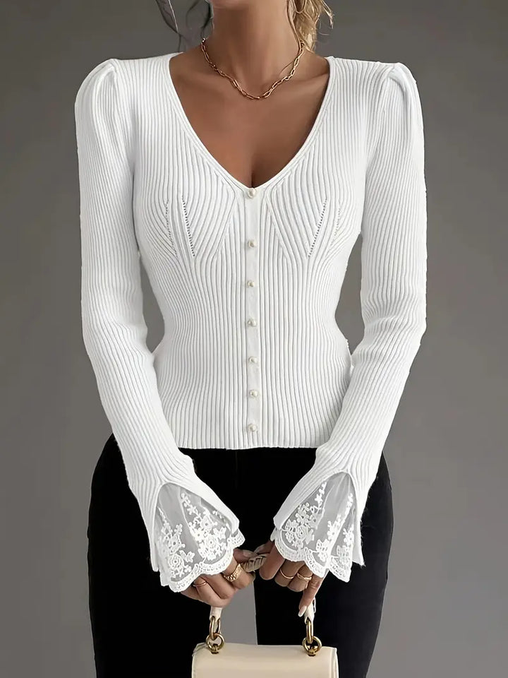 Pull à Col en V et Côtes pour femme, vue 3