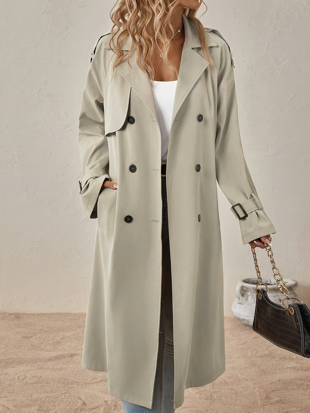 Eshita Trench pour femme Manteau long élégant en mélange de coton avec coupe structurée & fermeture à boutons, vue 11
