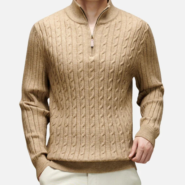 Chaud Pull à Col Polo Zippé à Moitié en Tricot Côtelé Pour Hommes, vue 4