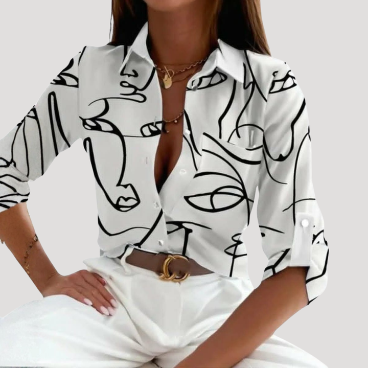 Women's Chic Geometric Print Shirt Collar Blouse
