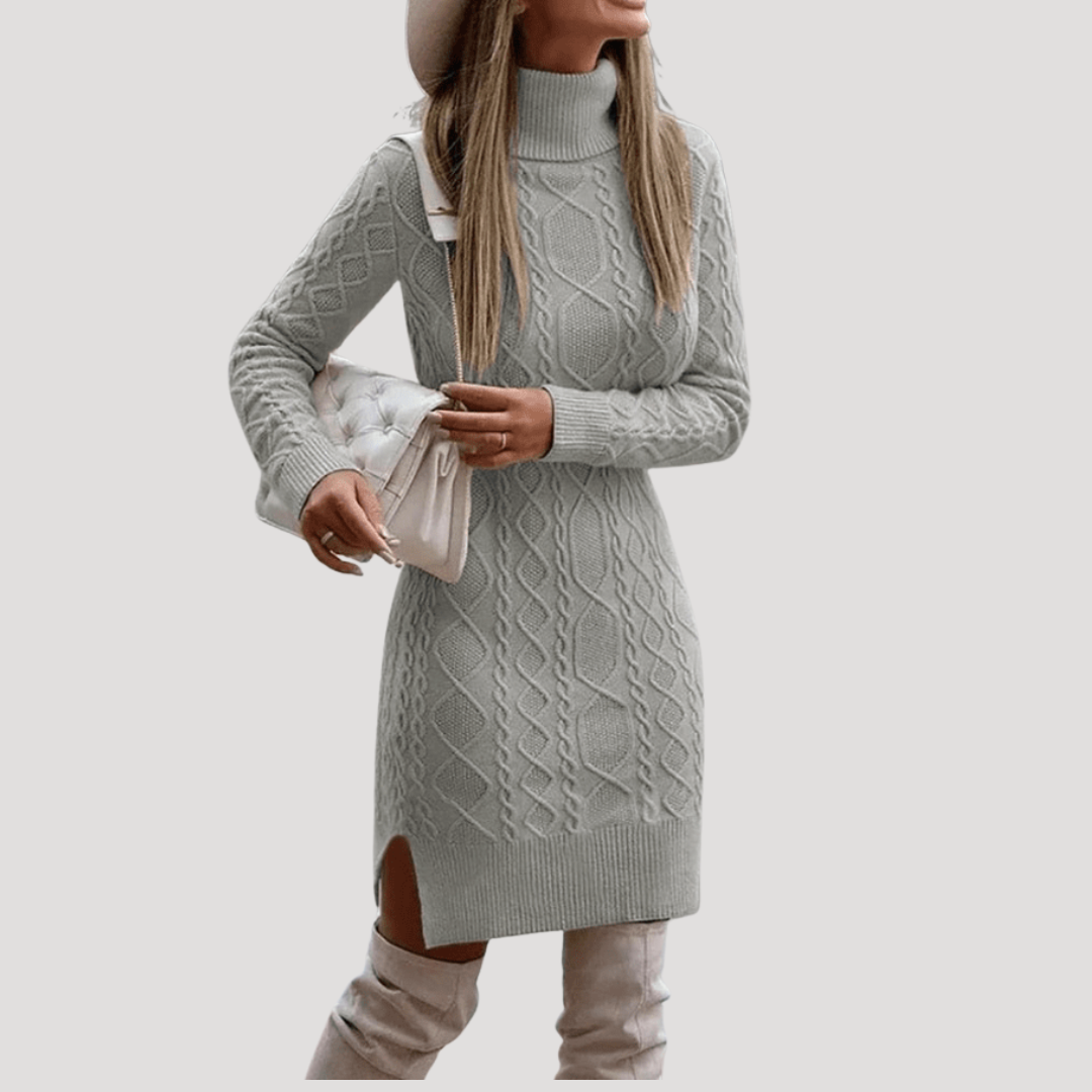 Robe Midi Femme en Maille Torsadée Col Montant