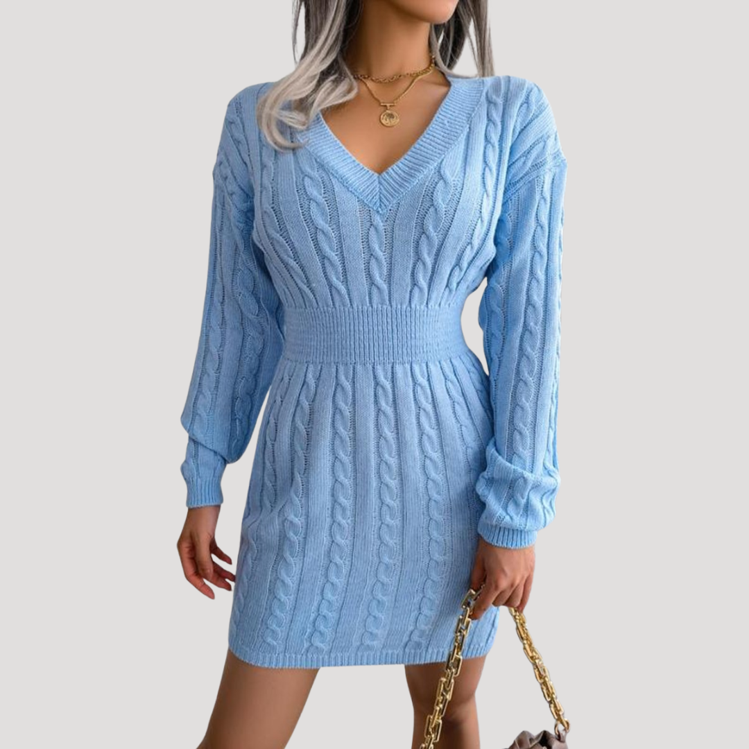 Robe Midi Femme en Maille Coupe Évasée Manches Longues
