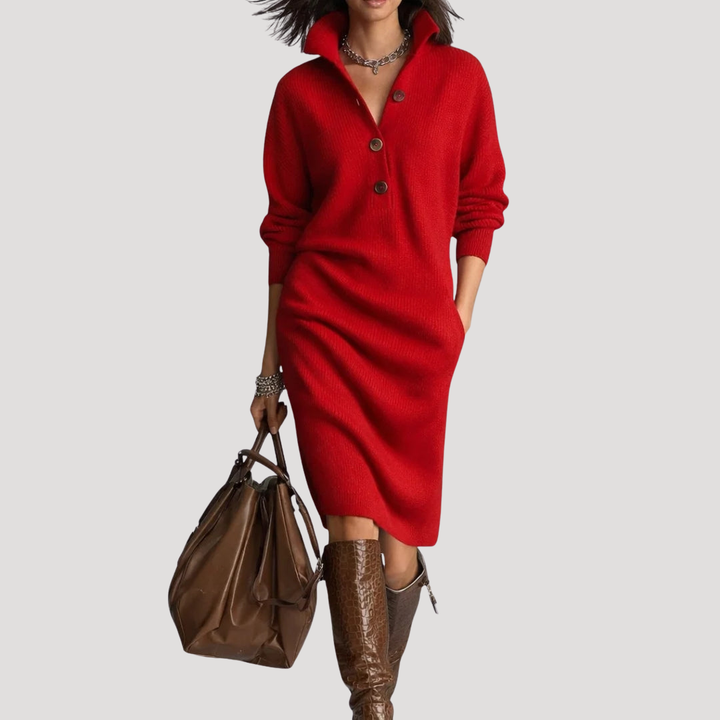 Women's Buttoned Mock Neck Knit Midi Dress