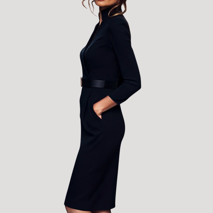 Robe Midi Femme de Bureau Col V Ajustée