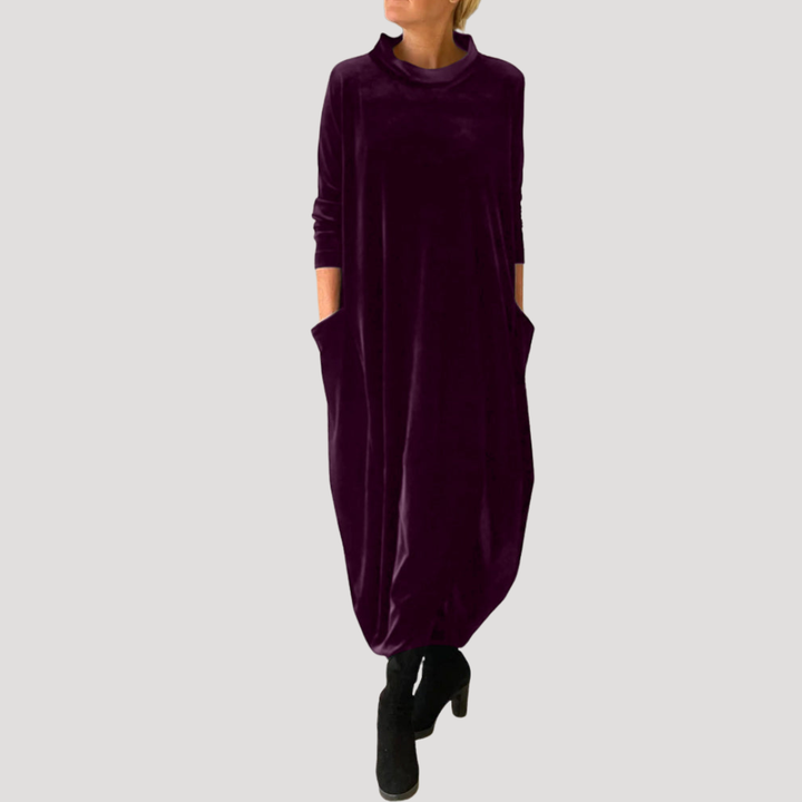 Robe Longue Femme en Velours Coupe Ample à Col Montant