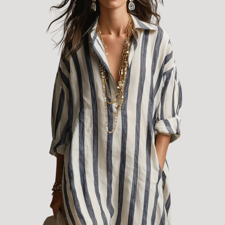 Women's Striped Long Linen Shirt Dress