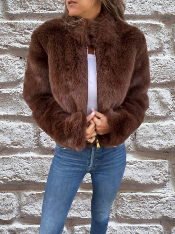 Hiya Veste courte en fausse fourrure pour femme Manteau chic à fermeture zippée avec détails en fourrure & coupe chaude et confortable