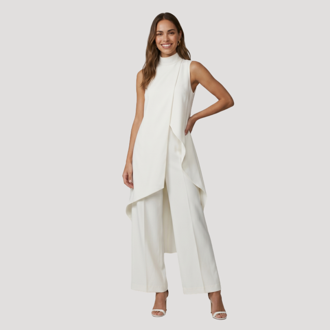 Elegant Women's Two-Piece Set with Asymmetric Long Top and Wide-Leg Trousers