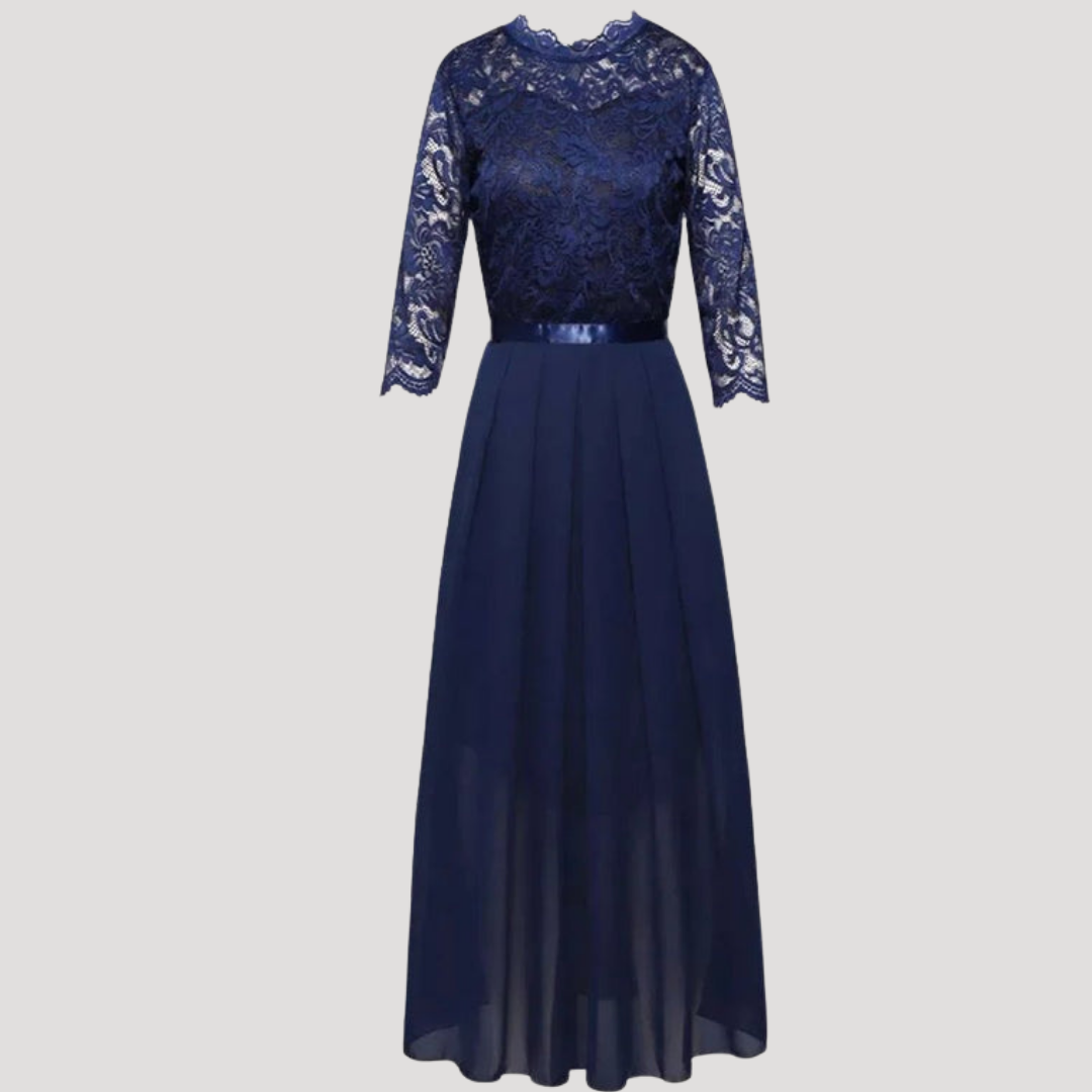 Robe Longue Femme Plissée avec Corsage en Dentelle et Manches 3/4