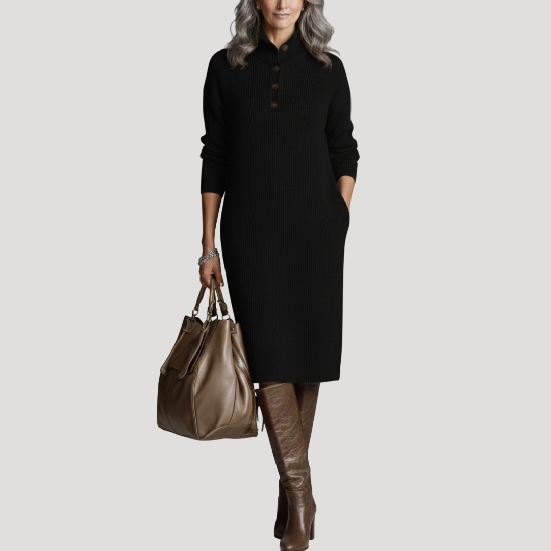 Robe Midi Femme Côtelée à Col Montant