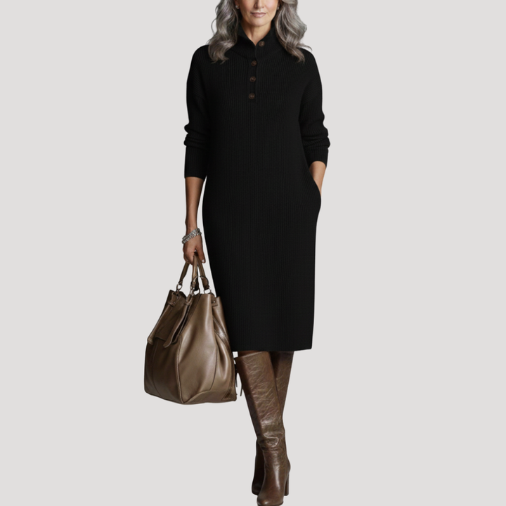 Robe Midi Femme Côtelée à Col Montant