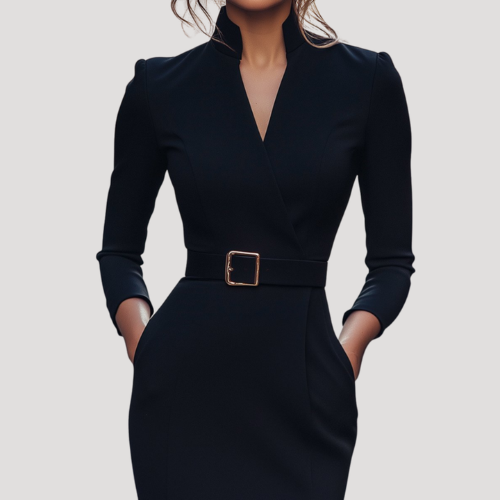 Robe Midi Femme de Bureau Col V Ajustée