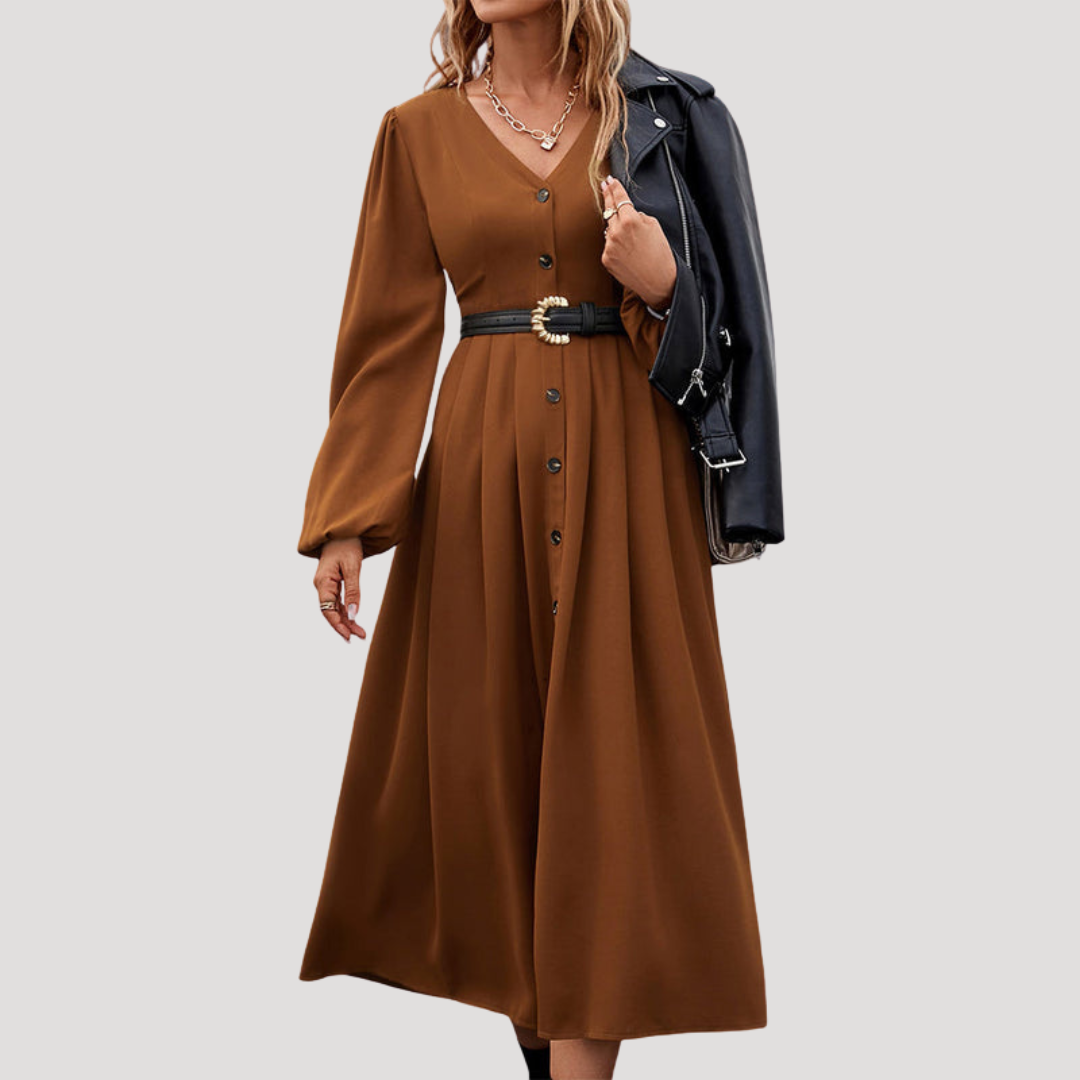 Robe Midi Femme Boutonnée Manches Longues