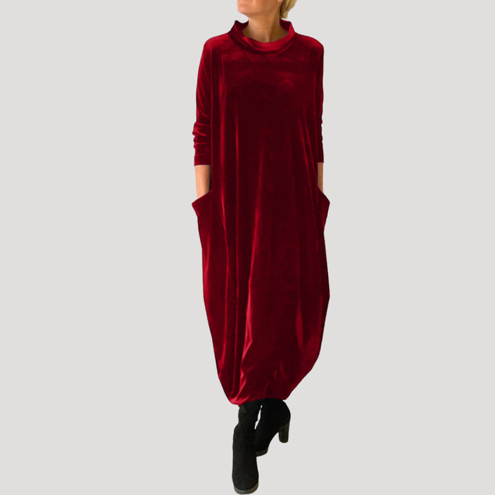 Robe Longue Femme en Velours Coupe Ample à Col Montant