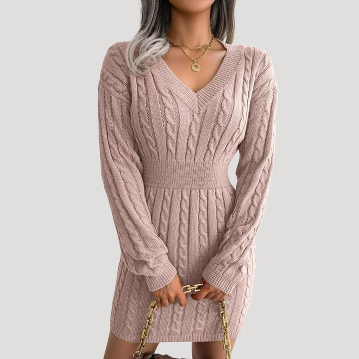 Robe Midi Femme en Maille Coupe Évasée Manches Longues