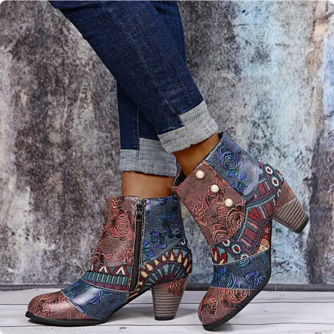 Bottes De Pluie Pour Femme Lauren - Bottes rétro imperméables avec talon haut et motif ethnique pour l'automne, vue 2