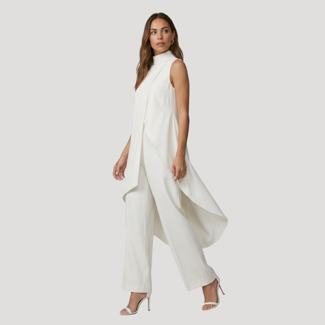 Elegant Women's Two-Piece Set with Asymmetric Long Top and Wide-Leg Trousers