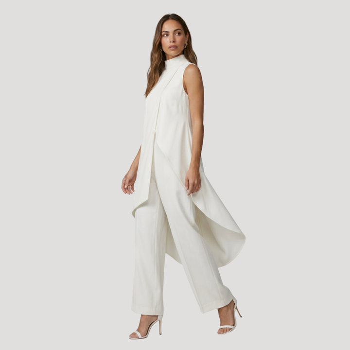 Elegant Women's Two-Piece Set with Asymmetric Long Top and Wide-Leg Trousers