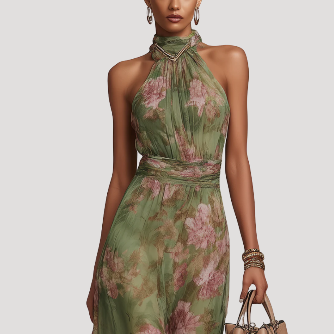Robe Longue Fleurie Col Halter Élégante