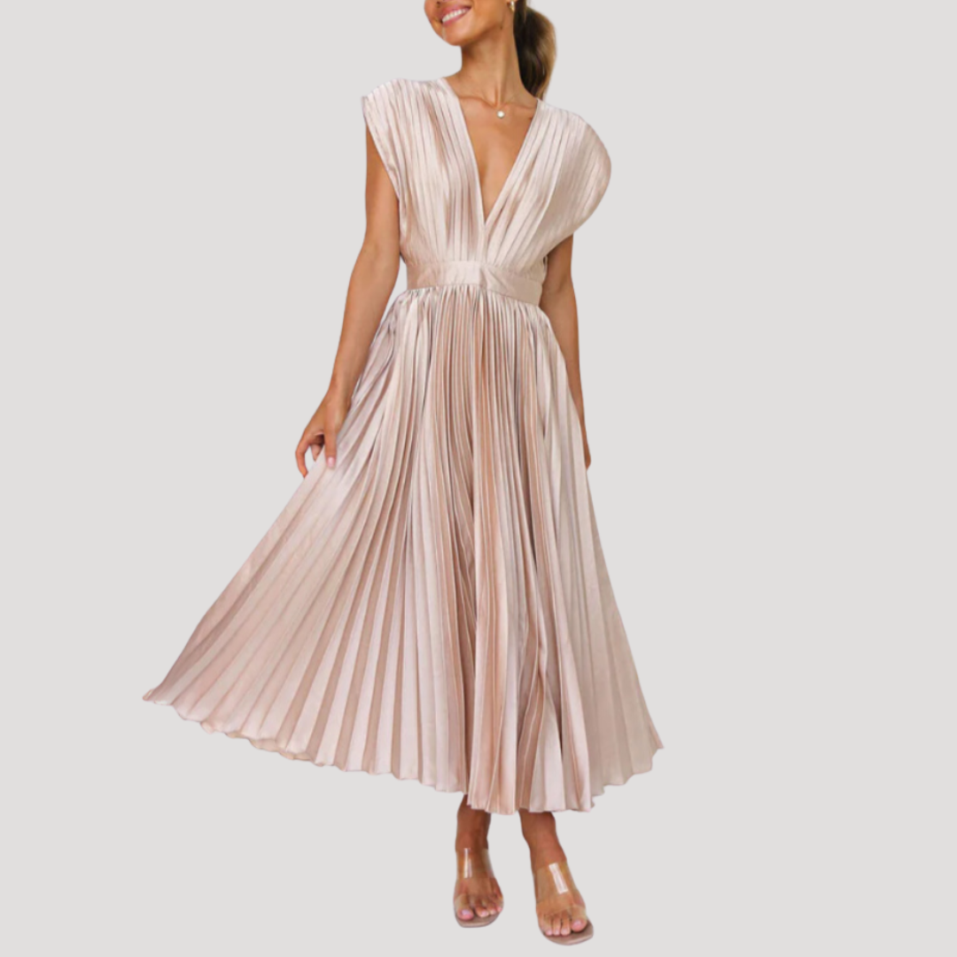 Robe Longue Femme Plissée Col V pour Mariage