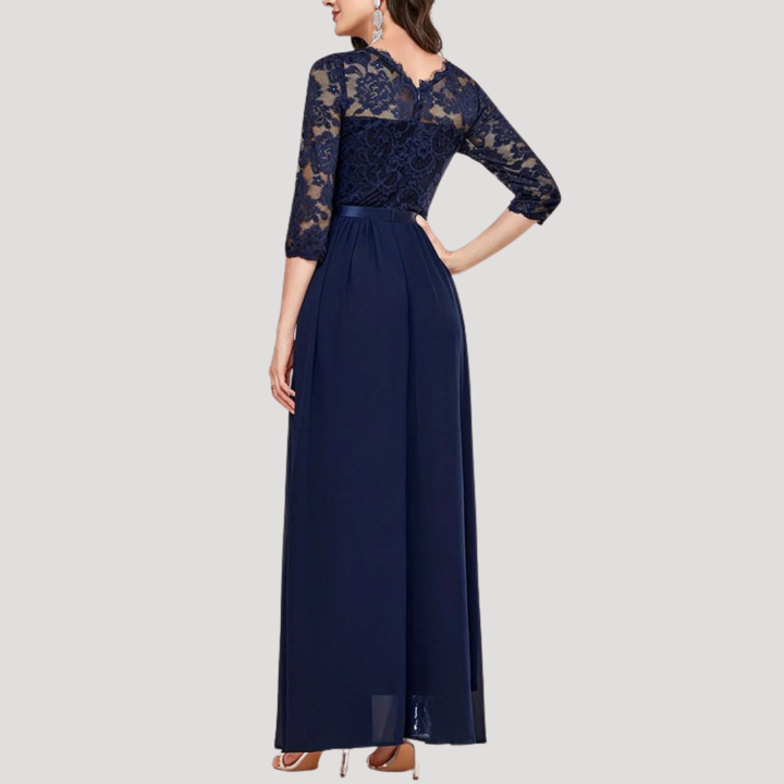 Robe Longue Femme Plissée avec Corsage en Dentelle et Manches 3/4