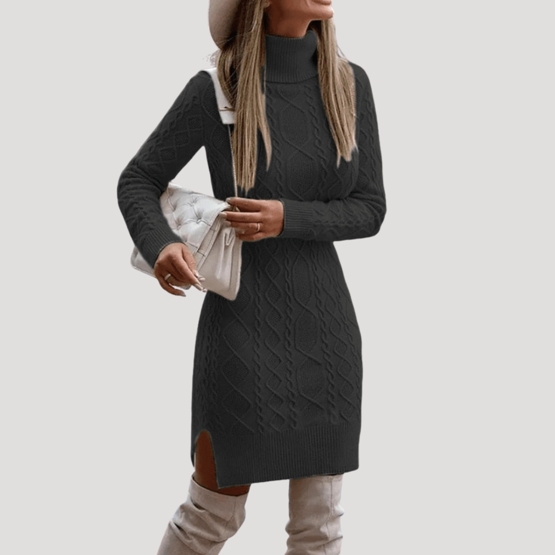 Robe Midi Femme en Maille Torsadée Col Montant