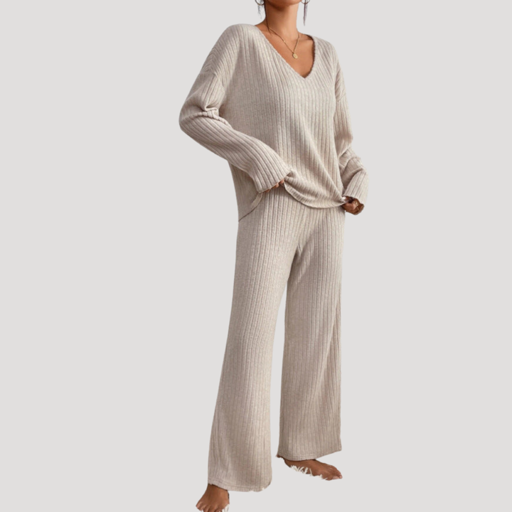 Ensemble Femme en Maille Col V et Pantalon Large