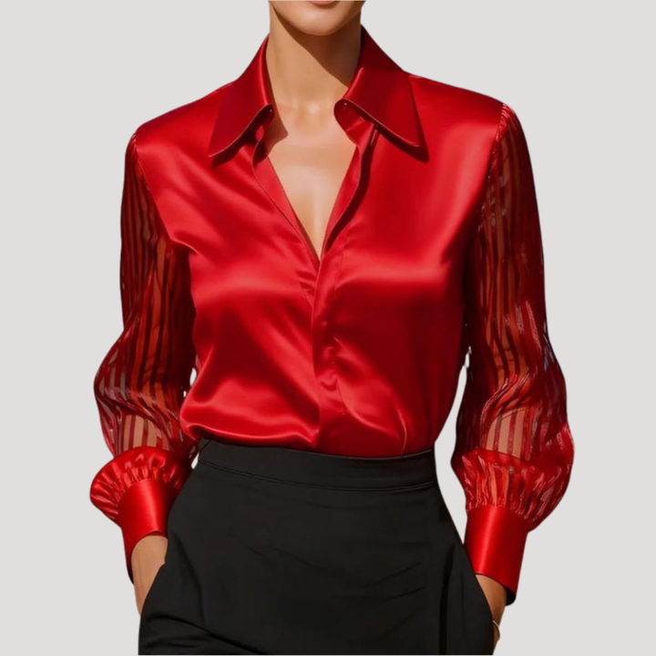Blouse Satinée Femme à Col et Manches Longues Transparentes