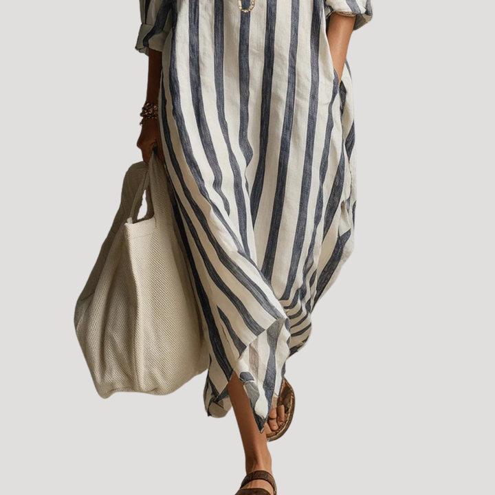 Women's Striped Long Linen Shirt Dress