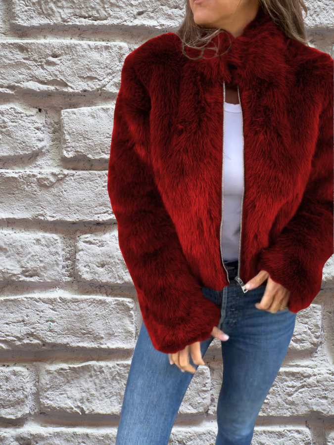 Hiya Veste courte en fausse fourrure pour femme Manteau chic à fermeture zippée avec détails en fourrure & coupe chaude et confortable, vue 3