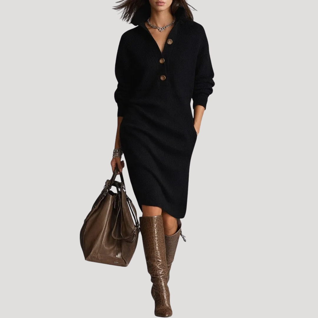 Women's Buttoned Mock Neck Knit Midi Dress